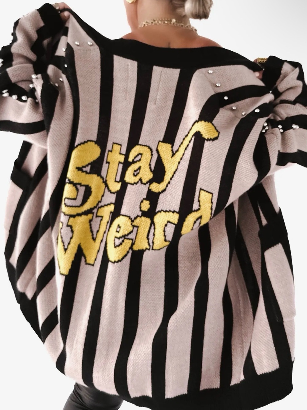 Striped Open Cardigan with Yellow 'Stay Weird' Knit Logo - Tan & Black